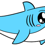 A friendly, colorful cartoon shark illustration designed for children's drawing tutorials.
