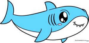 A friendly, colorful cartoon shark illustration designed for children's drawing tutorials.