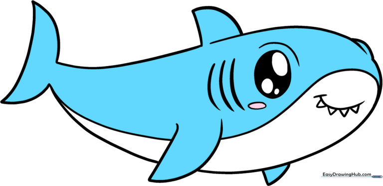A friendly, colorful cartoon shark illustration designed for children's drawing tutorials.