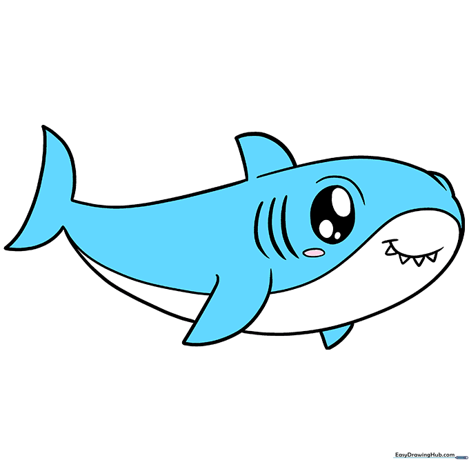 A finished, colored cartoon shark drawing with blue back and light underbelly.
