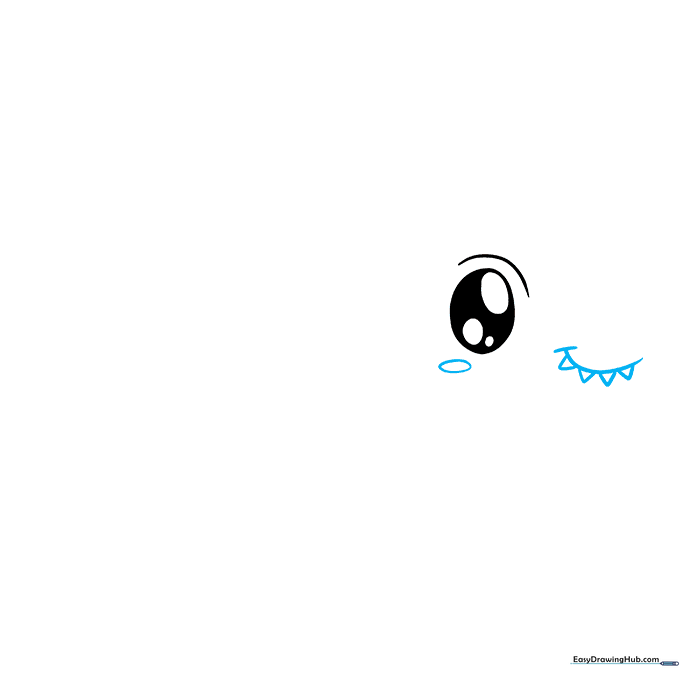 Drawing a shark's smiling mouth with small triangular teeth and a cheek blush oval.