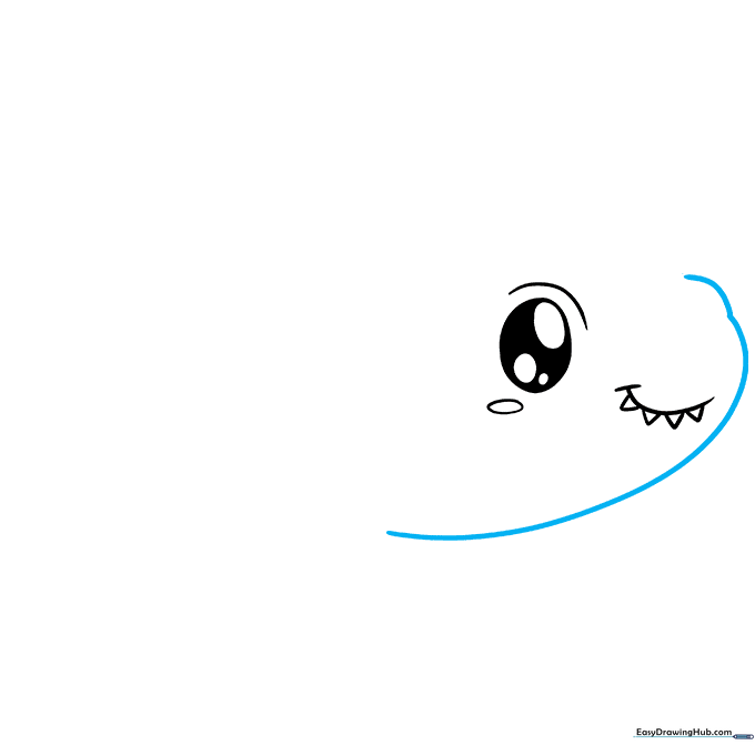 Outlining the shark's snout and the top of the head with a smooth curved line.