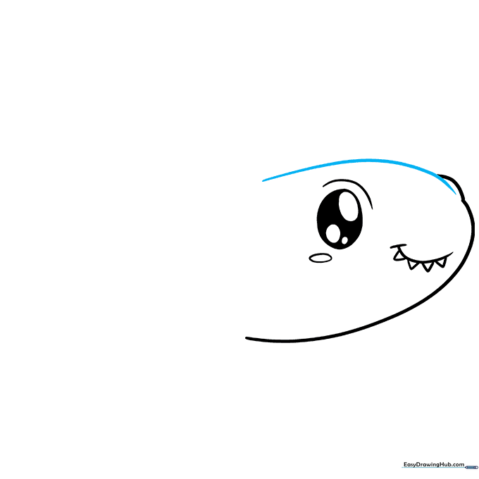 Completing the top of the shark's head using a long, sweeping curved line.