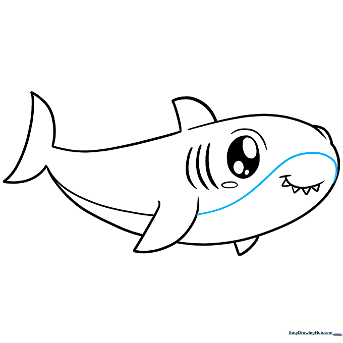 Connecting the belly line to the face to complete the shark's outline.