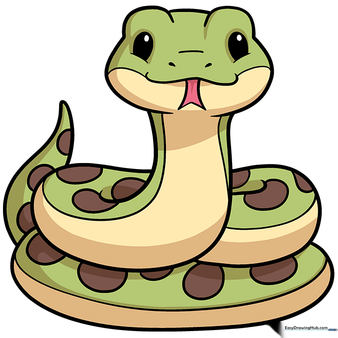 A fully colored, cute cartoon snake with vibrant patterns.