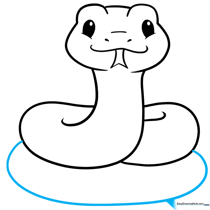 Drawing the final large coil of the snake's body.