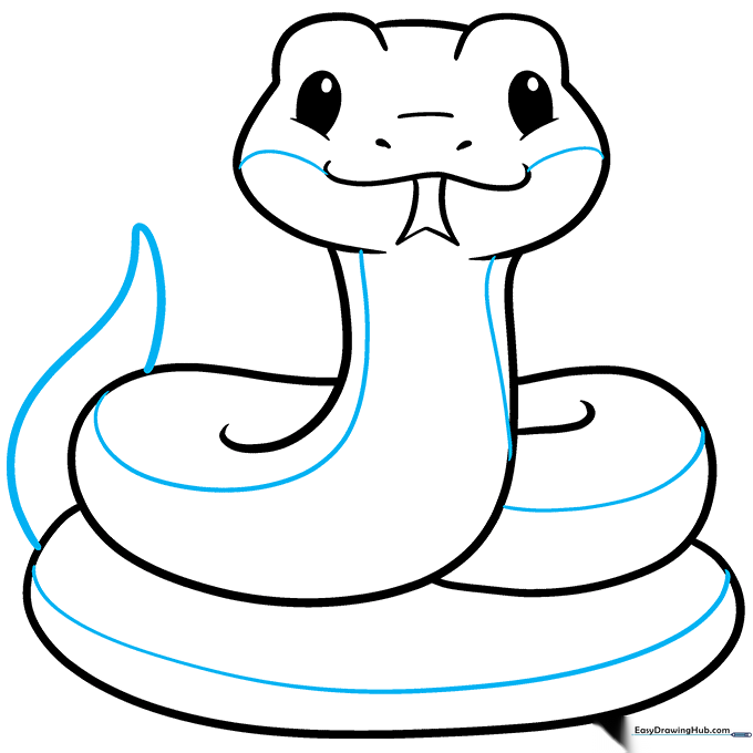 Adding the tail tip and belly detail lines to the snake drawing.