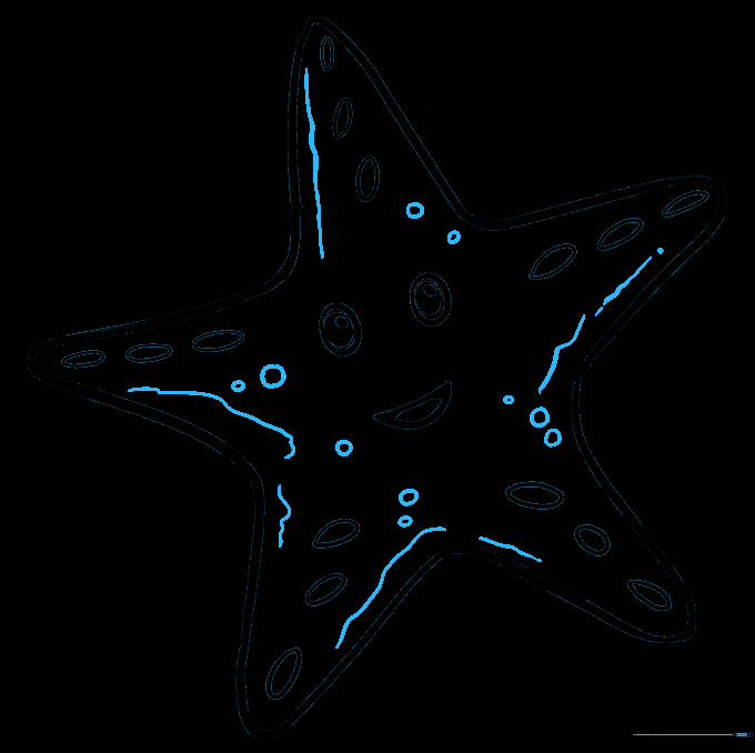 Starfish body decorated with small circles and wavy texture lines.