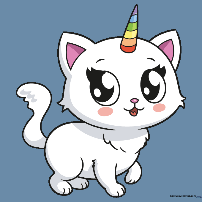 A fully colored and finished unicorn cat drawing.