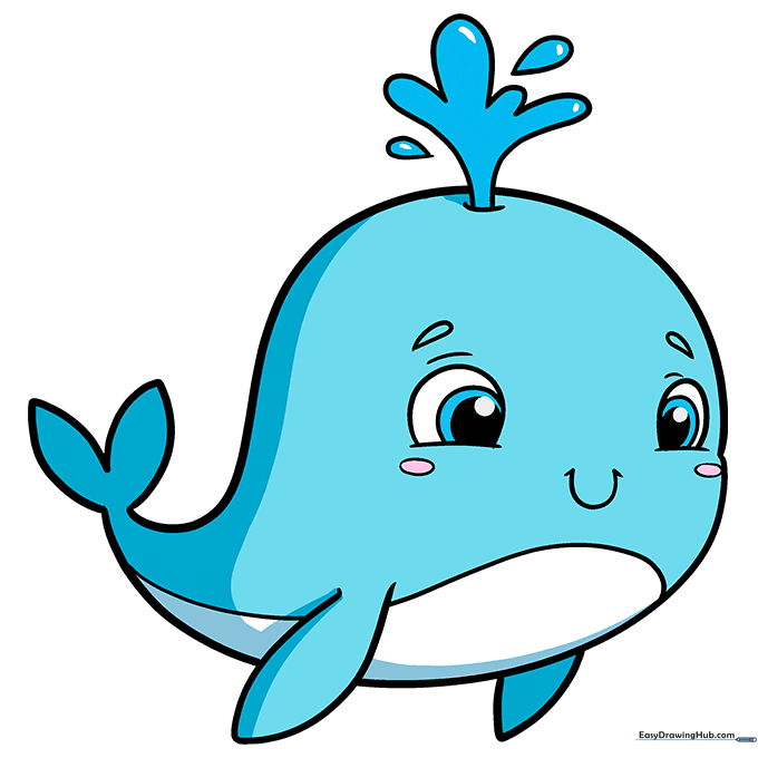 A fully colored, cute cartoon whale with blue skin and a happy expression.