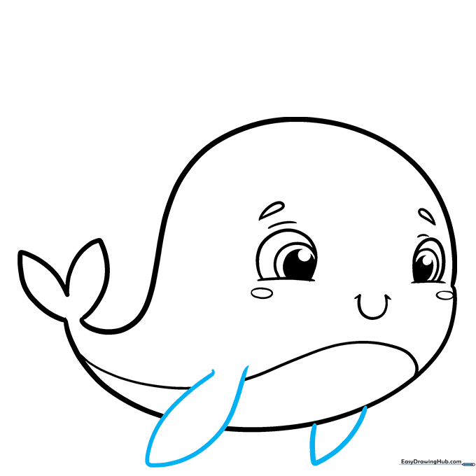Drawing the whale's flippers, showing how to erase overlapping lines for a clean finish.