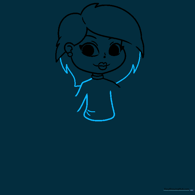 Drawing the shoulders and extending the hair strands over the character's shoulders.