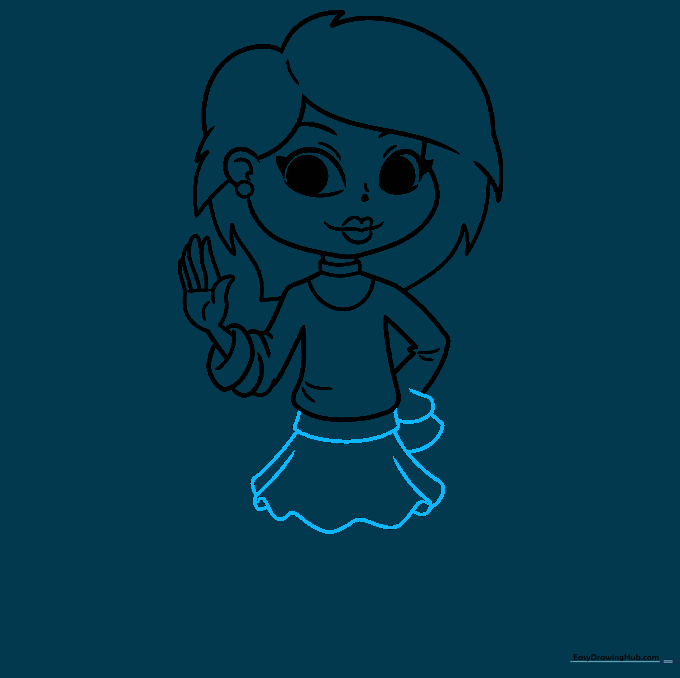 Drawing the skirt with a wavy hemline and adding more sleeve detail.