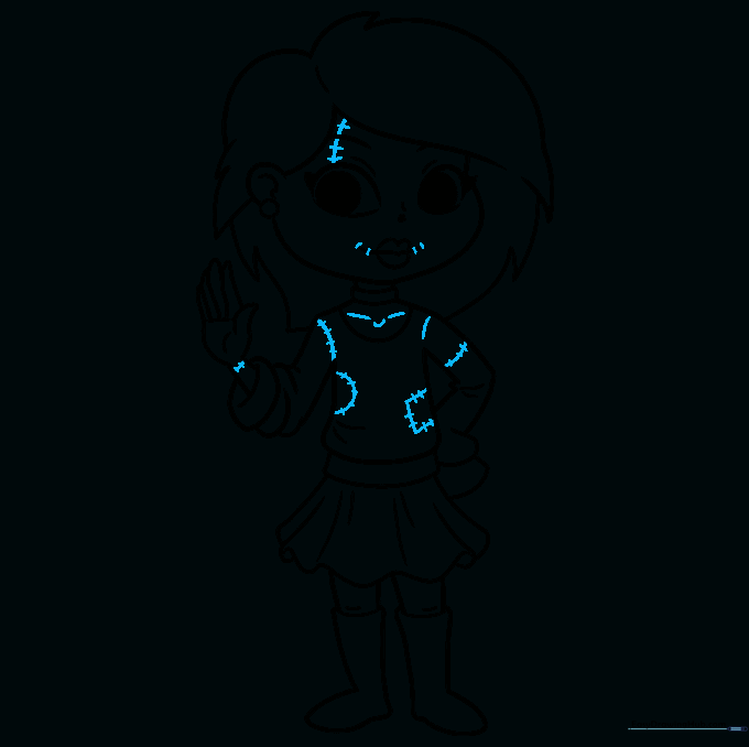 Finalizing the drawing with dashed stitch marks and a bold outline.