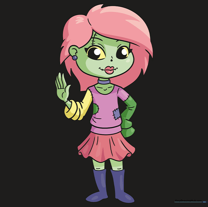 The finished, colored cute zombie girl character.