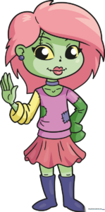 A colorful, finished drawing of a cute zombie girl, perfect for Halloween art projects.