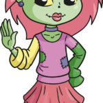 A colorful, finished drawing of a cute zombie girl, perfect for Halloween art projects.