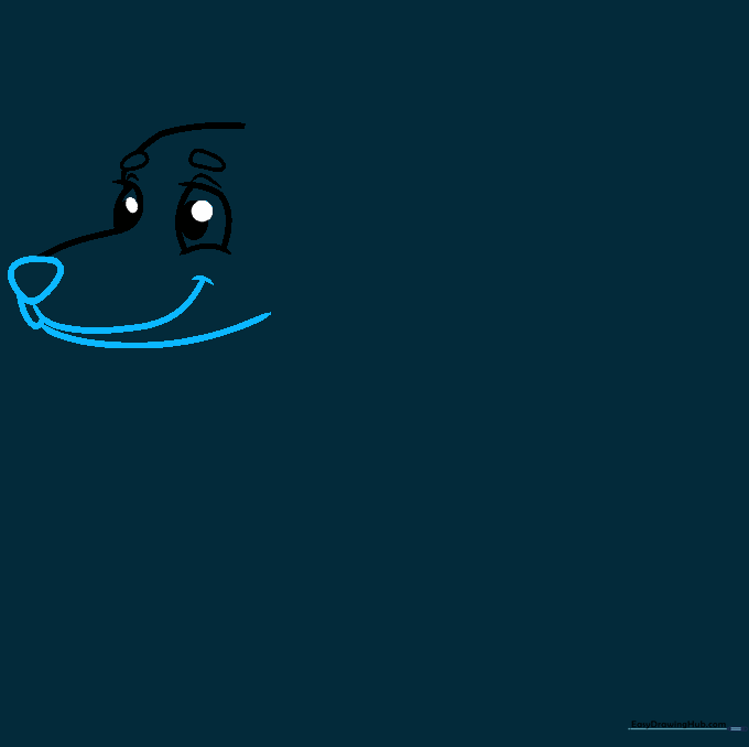 Drawing the triangular nose and smiling mouth of the dachshund.