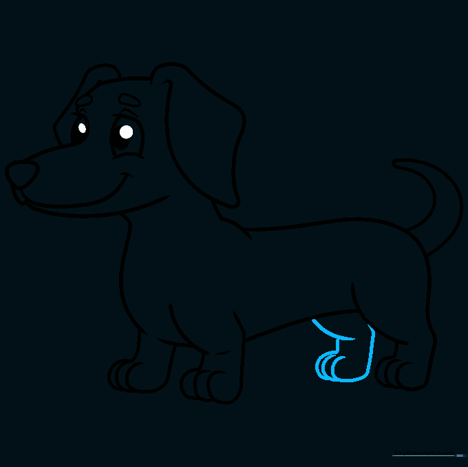 Adding the final leg to complete the dachshund's body outline.