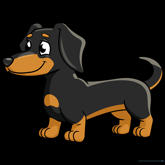 A fully colored, cute cartoon dachshund drawing.
