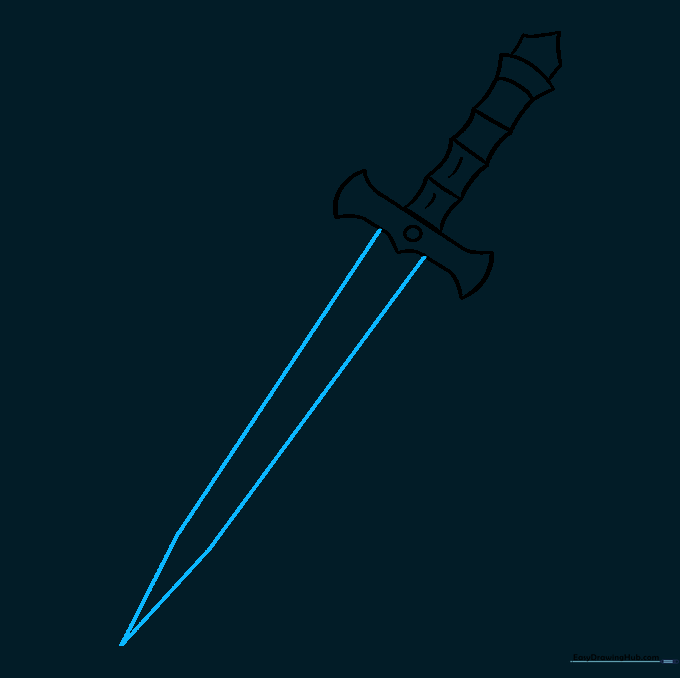 Sketching the long, pointed blade of the dagger extending from the crossguard.