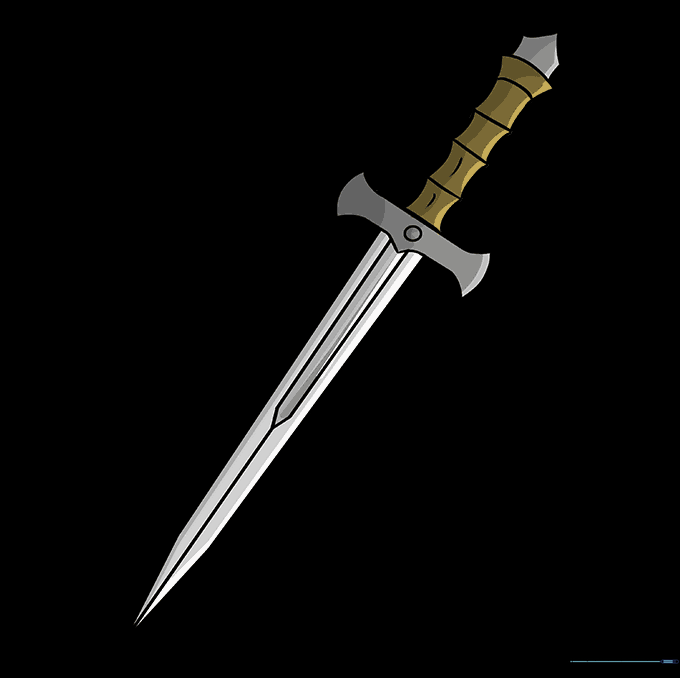 A fully colored, finished dagger drawing with metallic and handle details.