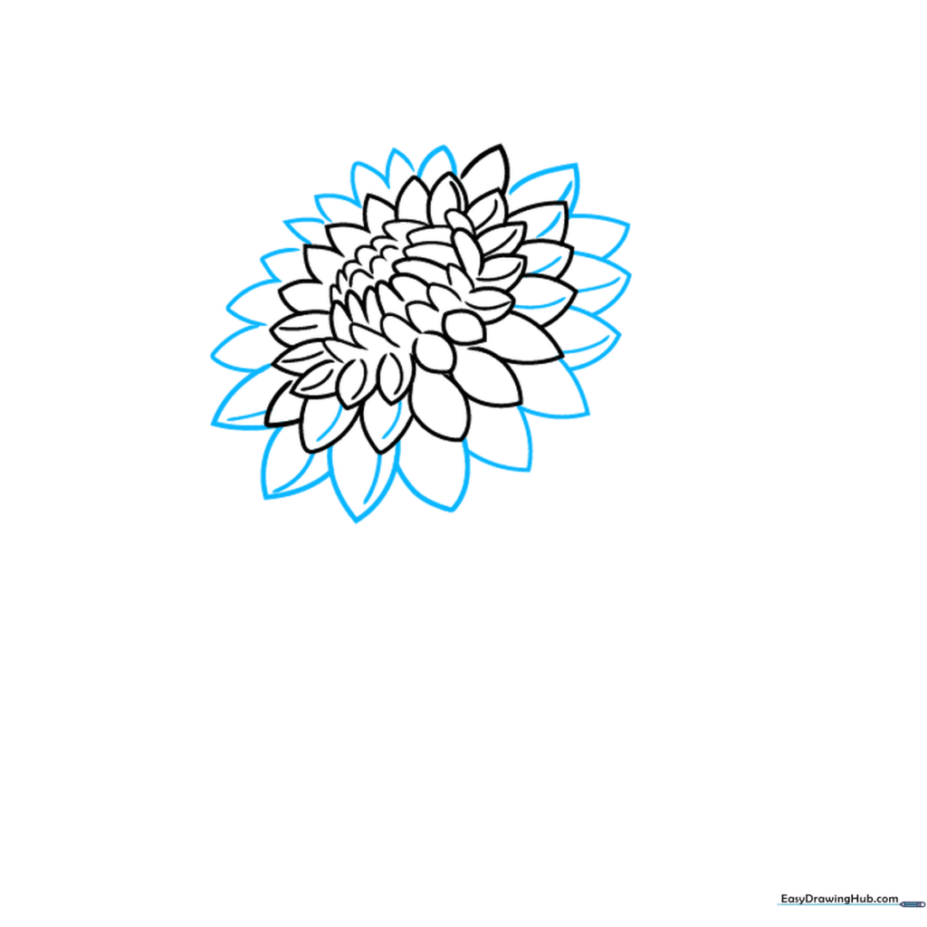 Expanding the dahlia drawing with a third layer of teardrop petals.