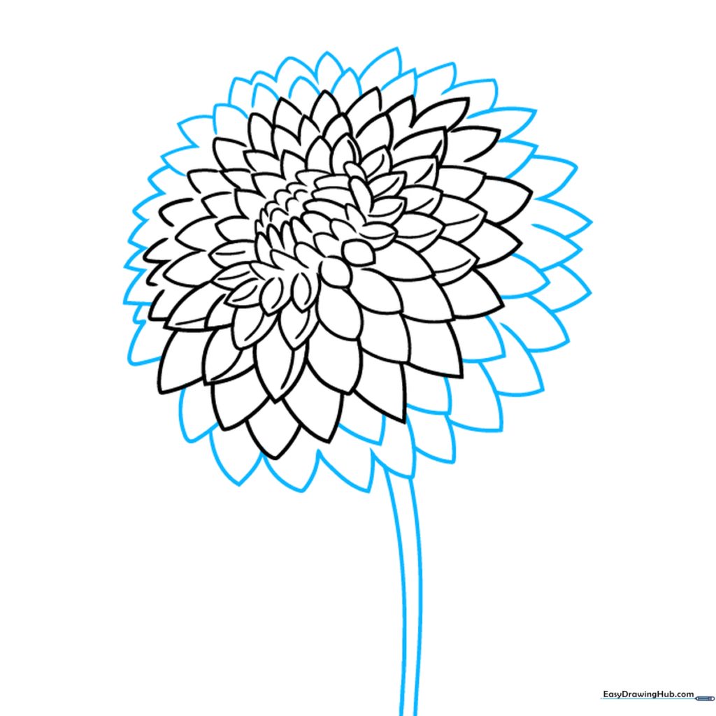 Completing the dahlia flower head and adding a simple stem.