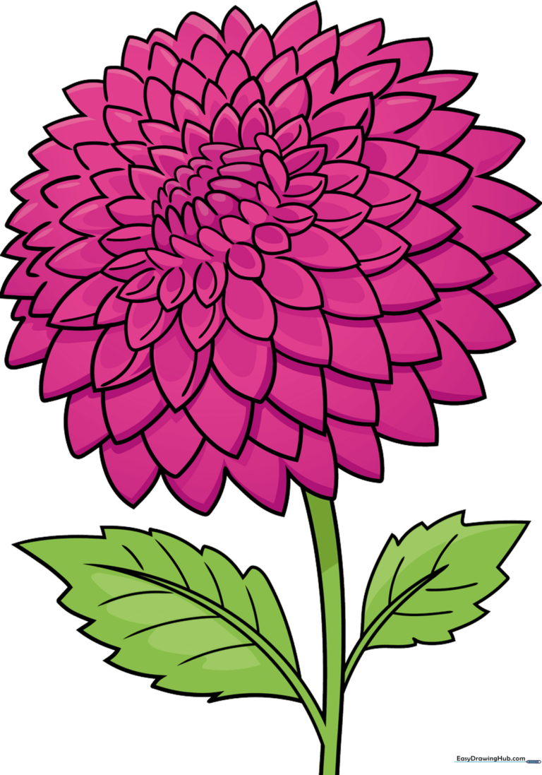 A vibrant, finished dahlia drawing with detailed petals and leaves.