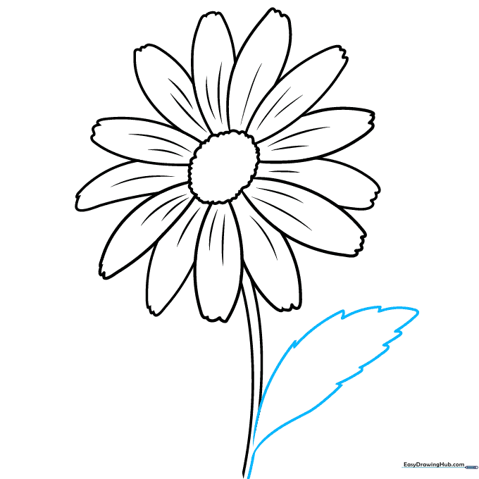 Adding a jagged, pointed leaf to the side of the daisy stem.