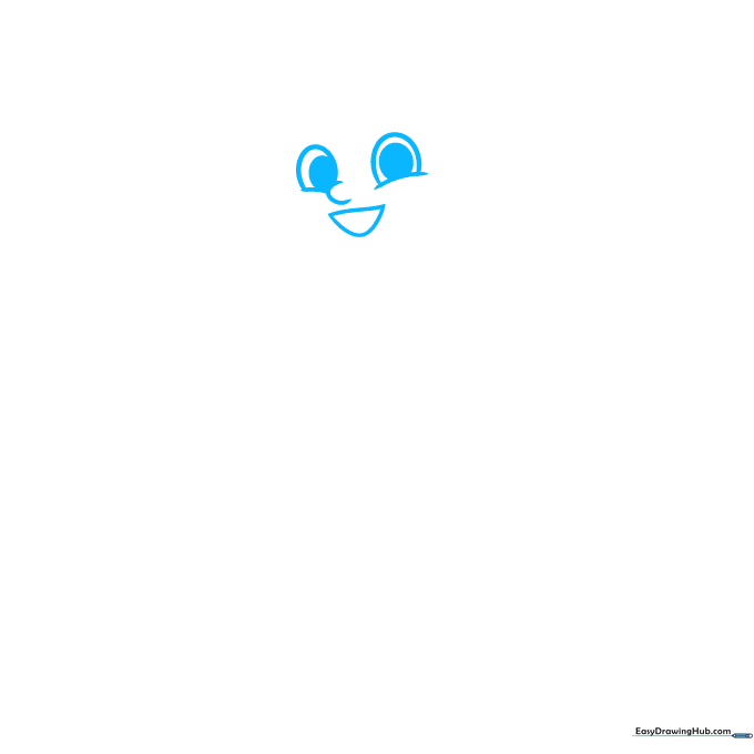 Pencil sketch of a girl's face showing eyes and a smiling mouth on white paper.