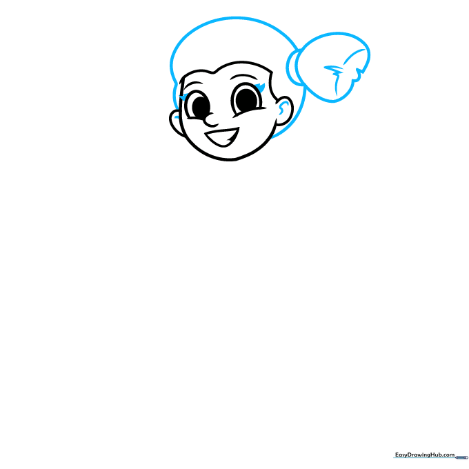 Adding pigtails with hair ties to the girl's head drawing.