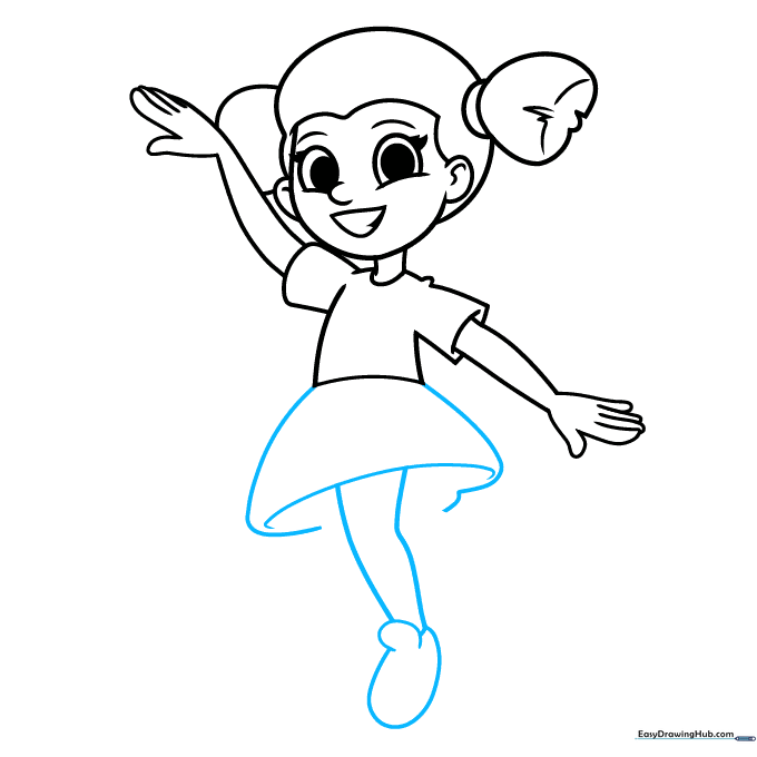 Drawing the skirt and one leg with a shoe.