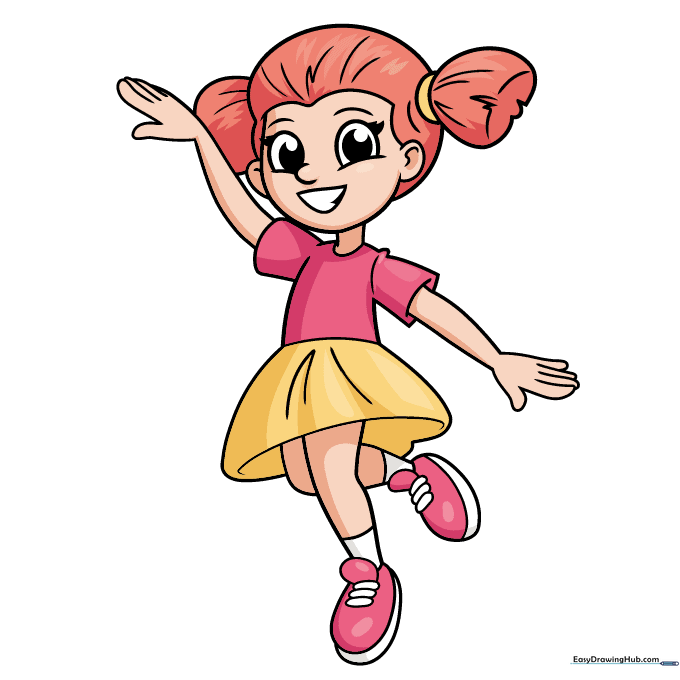 The finished, colored drawing of a happy dancing girl.