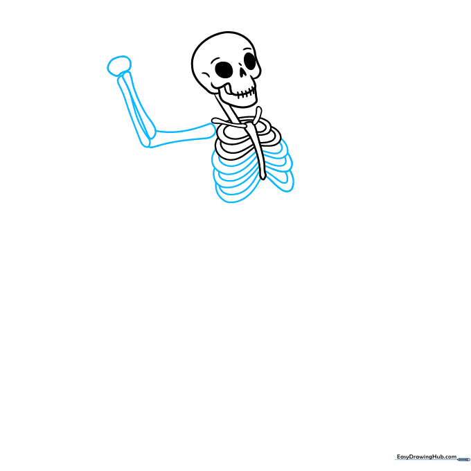 Drawing the arm structure with wavy lines for a dynamic pose.