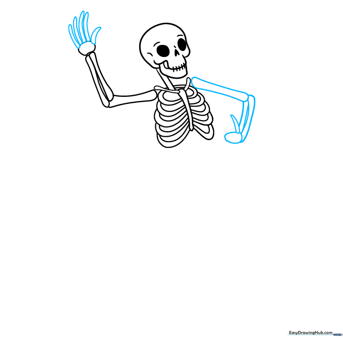 Detailed view of skeleton hands drawn with simple geometric shapes.