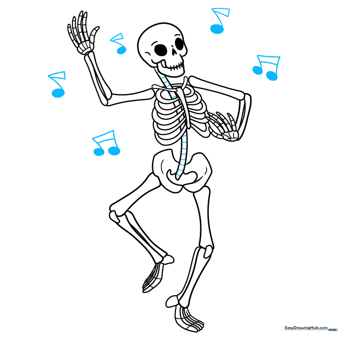 Final line art of the dancing skeleton with musical notes added.