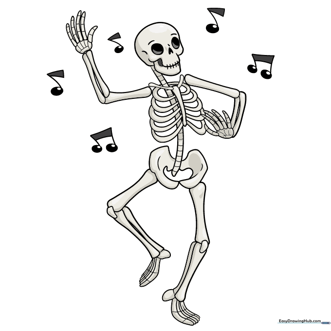 Finished colored drawing of a dancing skeleton with shading and highlights.