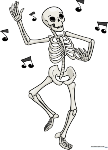 A colorful, finished illustration of a happy dancing skeleton surrounded by musical notes.