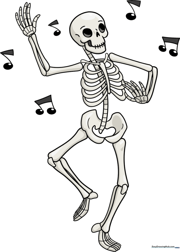 A colorful, finished illustration of a happy dancing skeleton surrounded by musical notes.