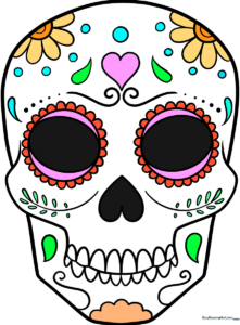 A colorful, finished Day of the Dead skull illustration featuring intricate floral and geometric patterns.