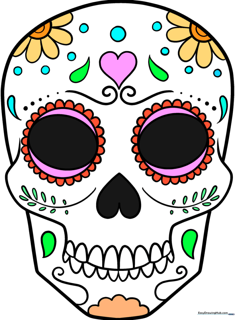 A colorful, finished Day of the Dead skull illustration featuring intricate floral and geometric patterns.
