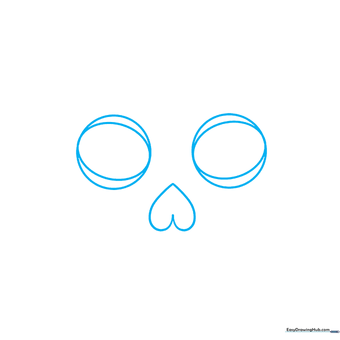 Pencil sketch showing two circular eye sockets and a central heart-shaped nose for a sugar skull drawing.