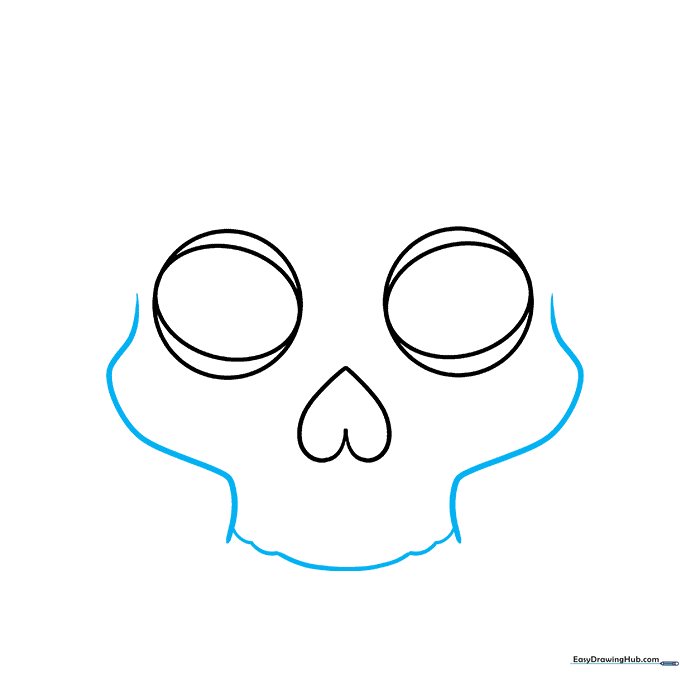 Drawing the outer contour of the skull using curved lines to connect the top and bottom sections.