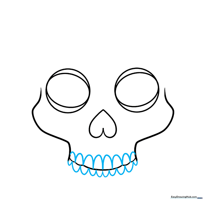 Adding a row of U-shaped teeth along the horizontal mouth line of the skull.