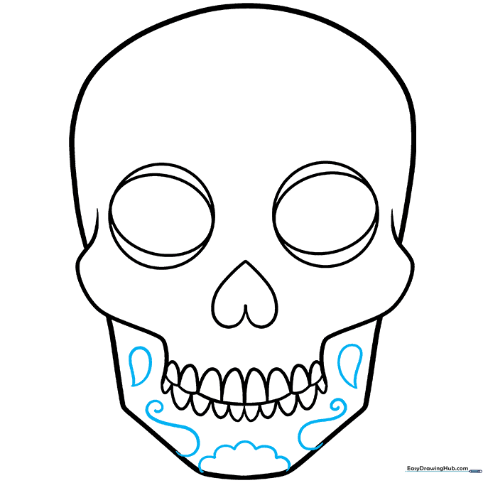 Adding decorative folk-art patterns including teardrops and spirals to the jaw area.