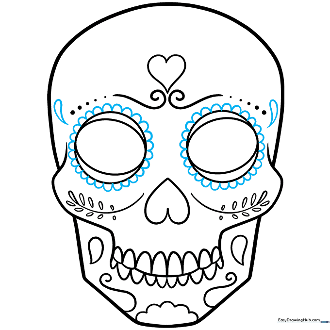 Adding decorative scalloped borders around the eye sockets to create a floral look.