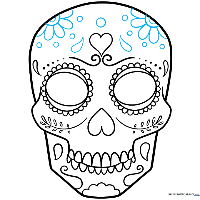 Finalizing the drawing with floral patterns on the forehead and filling in small decorative gaps.