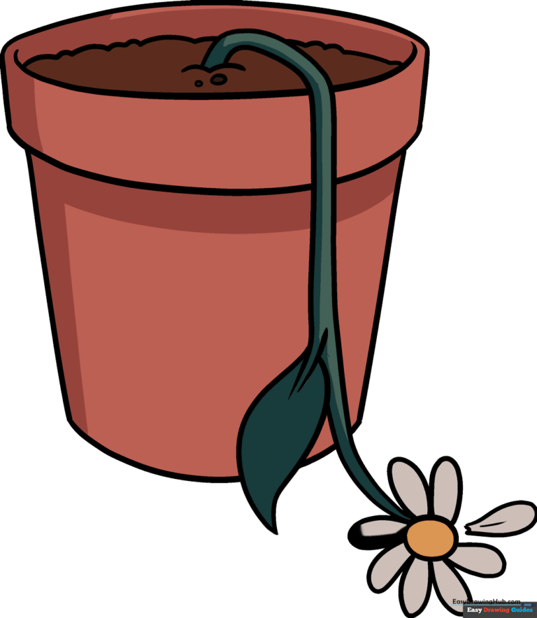 A completed, colored illustration of a wilting flower in a pot, showcasing the final result of the tutorial.