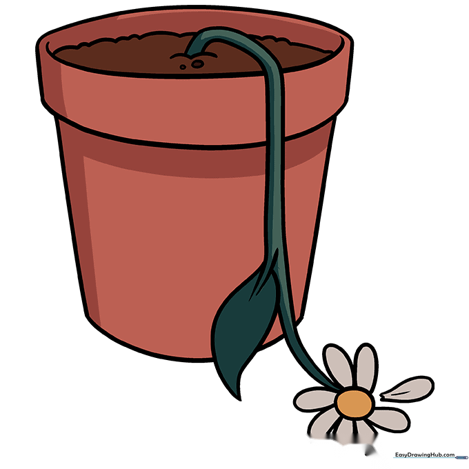 A fully colored, finished drawing of a potted dead flower with earthy tones.